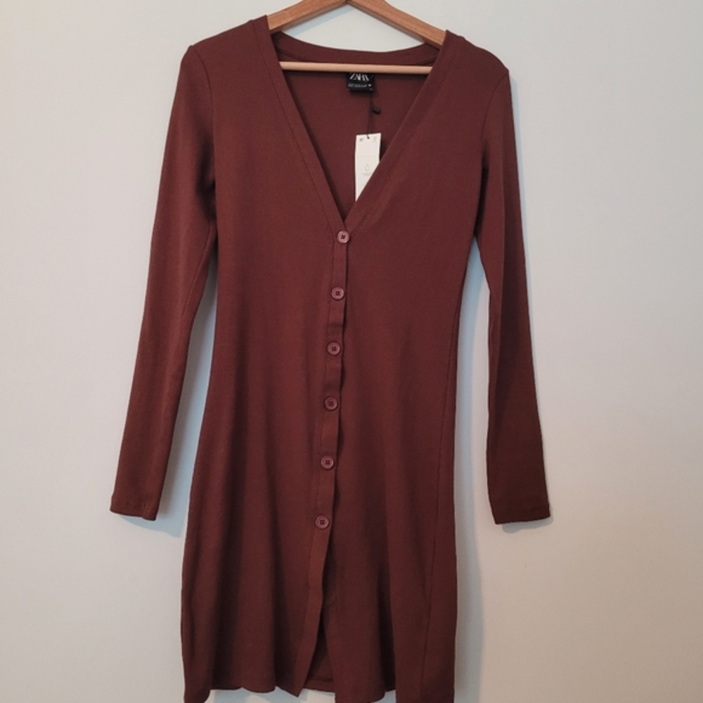 Zara Dress Mini nutmeg brown stretch Ribbed knit dress Small Long Sleeve Bodycon